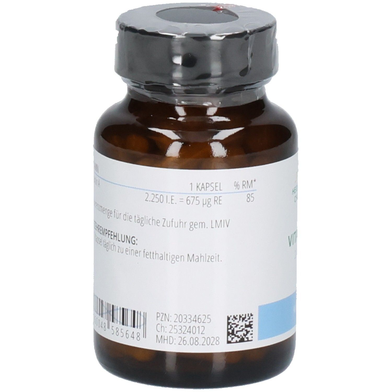 Rückseite einer Flasche HEIDELBERGER CHLORELLA VITAMIN A Kapseln mit Nährwertangaben und MHD.