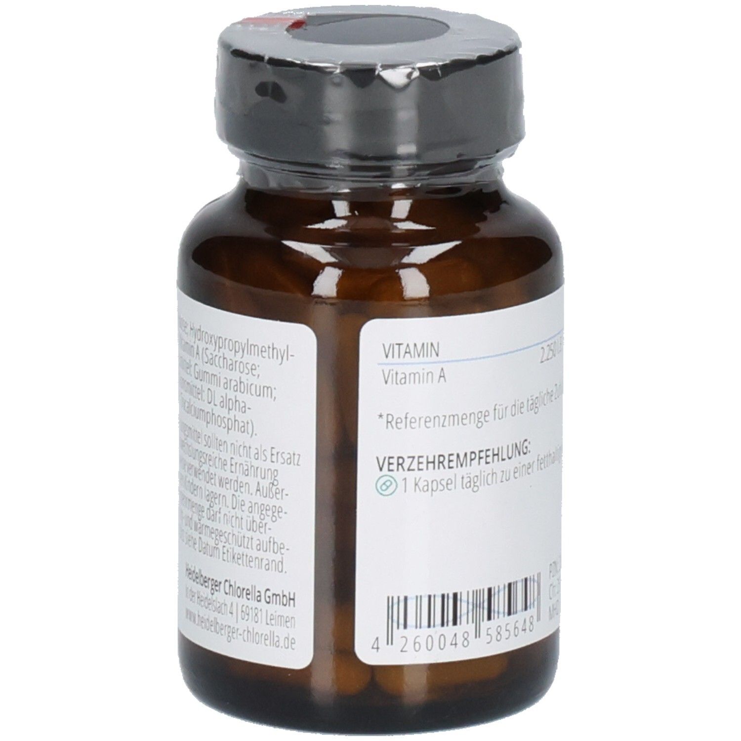 Seite einer Flasche HEIDELBERGER CHLORELLA VITAMIN A Kapseln mit Zutatenliste und Verzehrempfehlung.