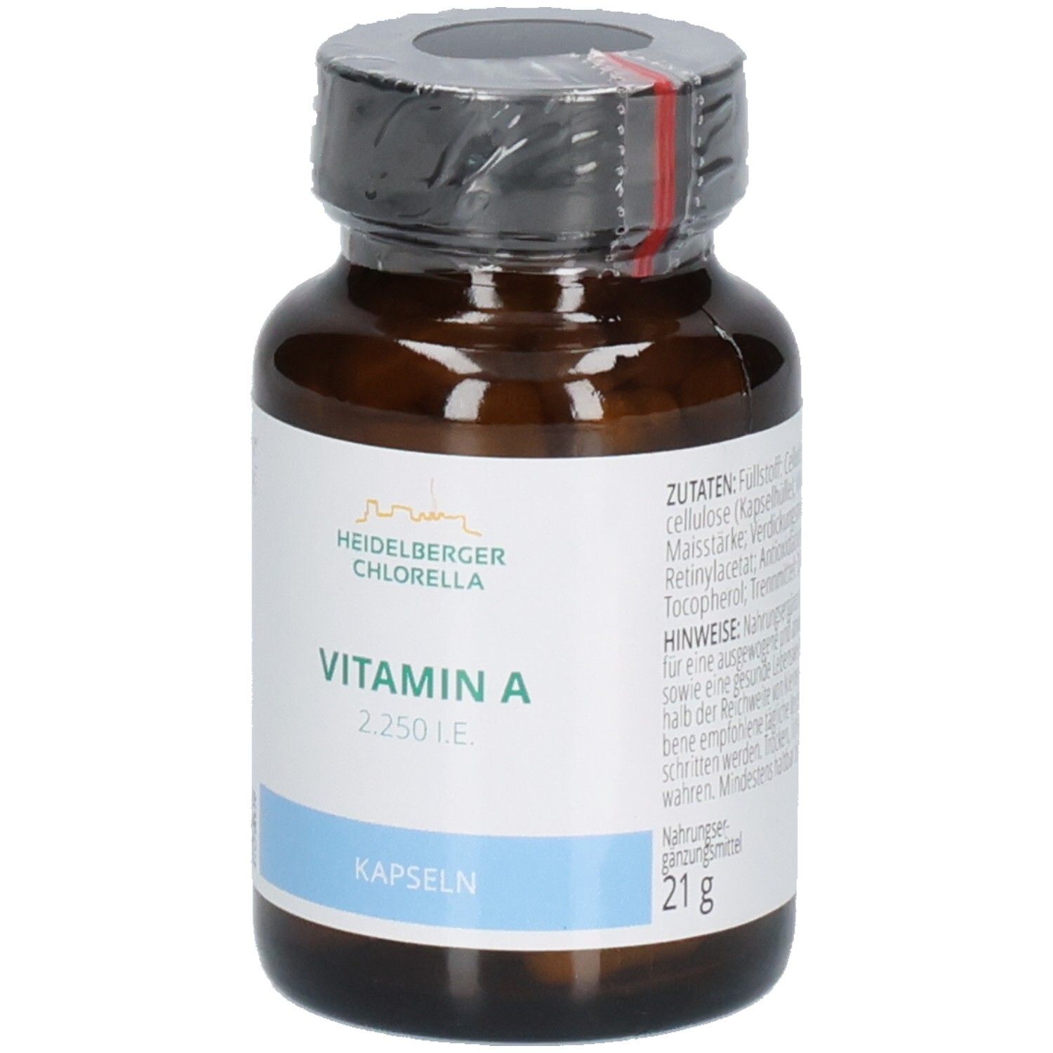 Vorderseite einer Flasche HEIDELBERGER CHLORELLA VITAMIN A Kapseln, 2.250 I.E., mit Zutatenliste.