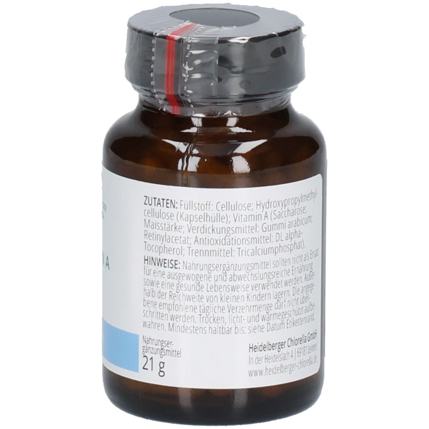 Rückseite einer Flasche HEIDELBERGER CHLORELLA VITAMIN A Kapseln mit detaillierter Zutaten- und Hinweislis.