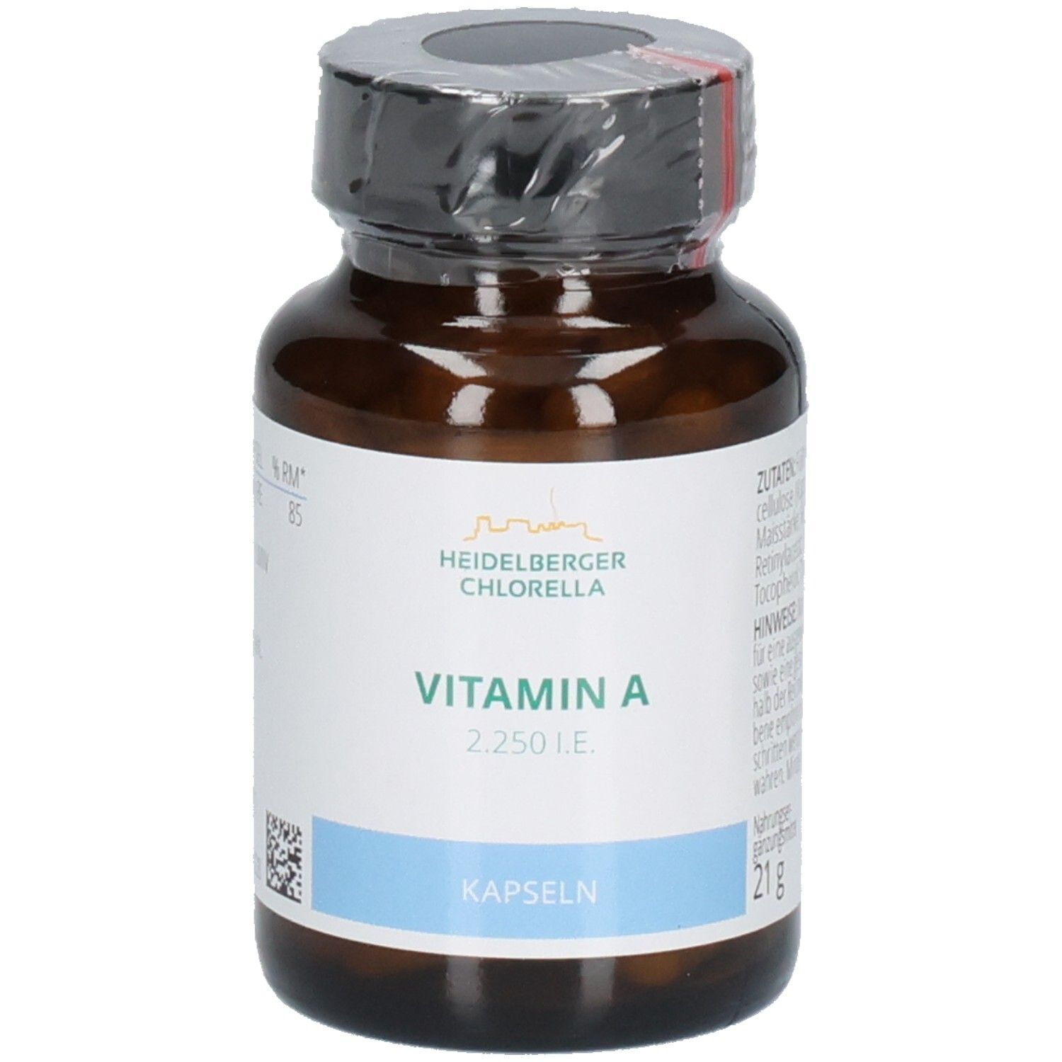 Flasche HEIDELBERGER CHLORELLA VITAMIN A Kapseln, 2.250 I.E., mit Nährwertangaben und Zutatenliste.