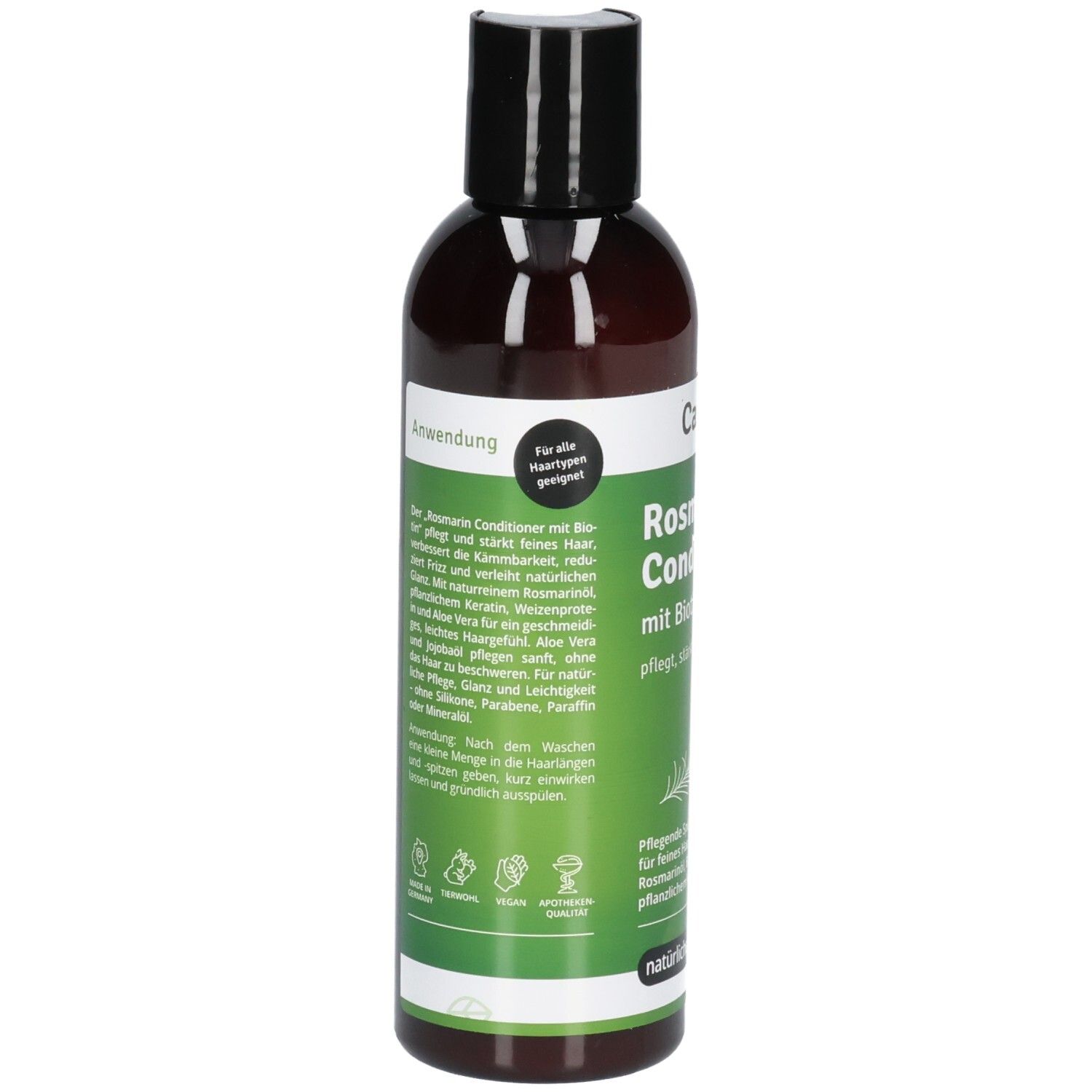 Rückseite der Casida Rosmarin Conditioner Flasche mit Anwendungshinweisen und Inhaltsstoffen.