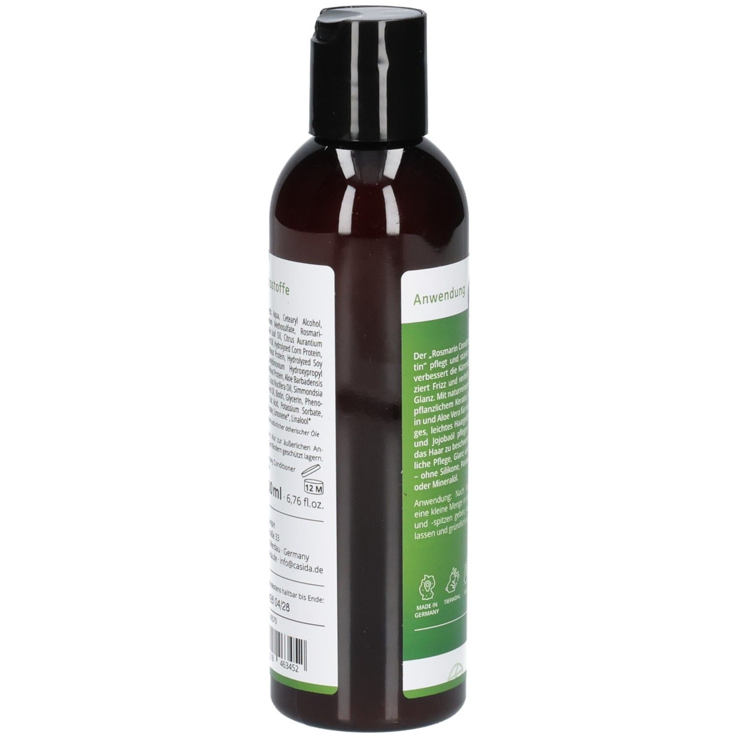 Seitenansicht der Casida Rosmarin Conditioner Flasche mit Detailinformationen zu Inhaltsstoffen.