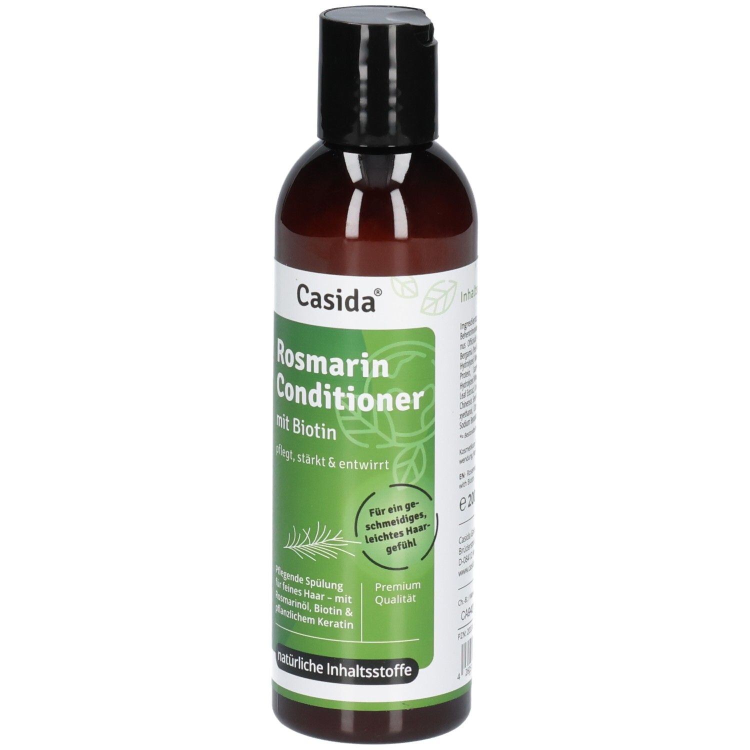 Vorderseite der Casida Rosmarin Conditioner Flasche mit Rosmarin-Zweig-Illustration.