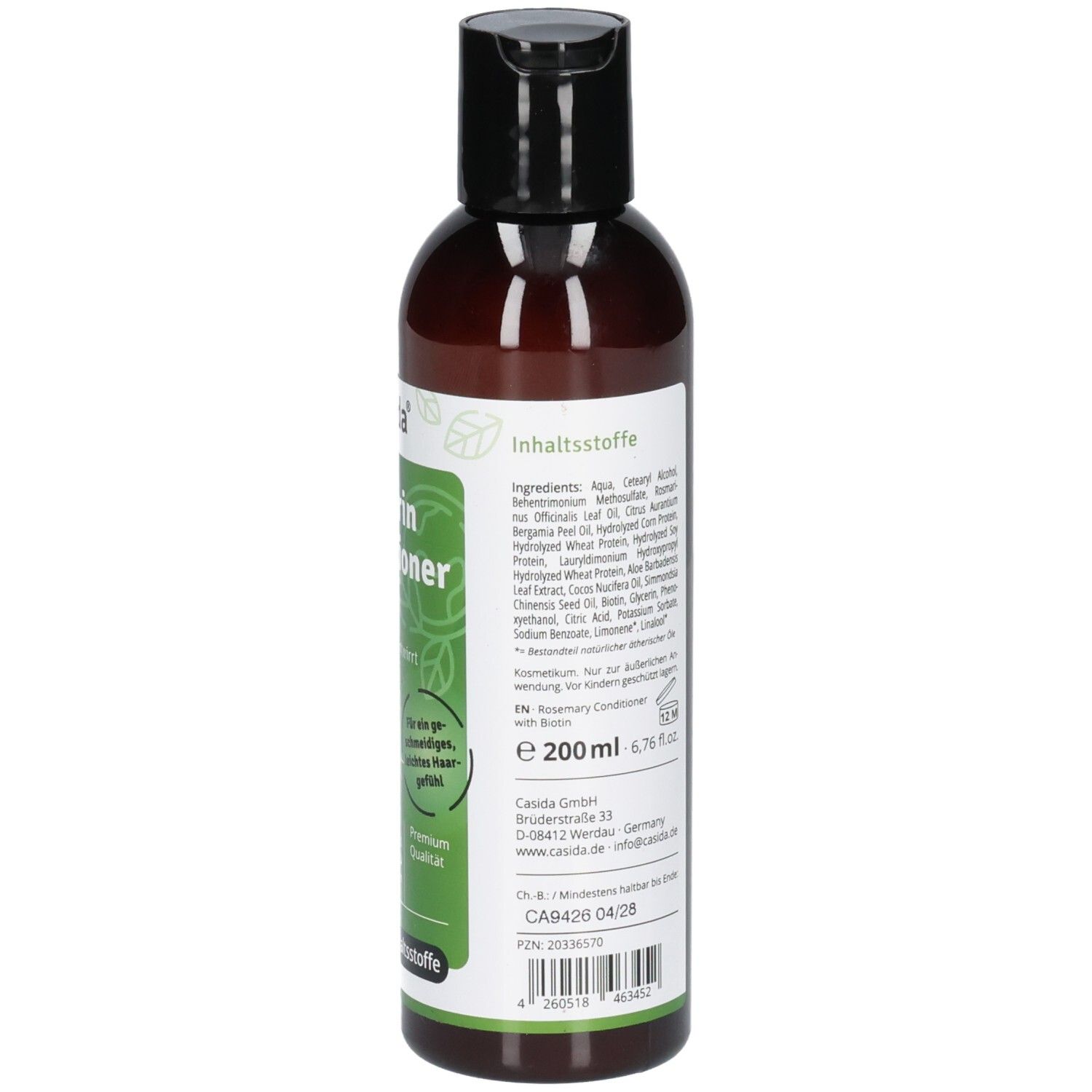 Rückseite der Casida Rosmarin Conditioner Flasche mit Inhaltsstoffliste und Volumenangabe.
