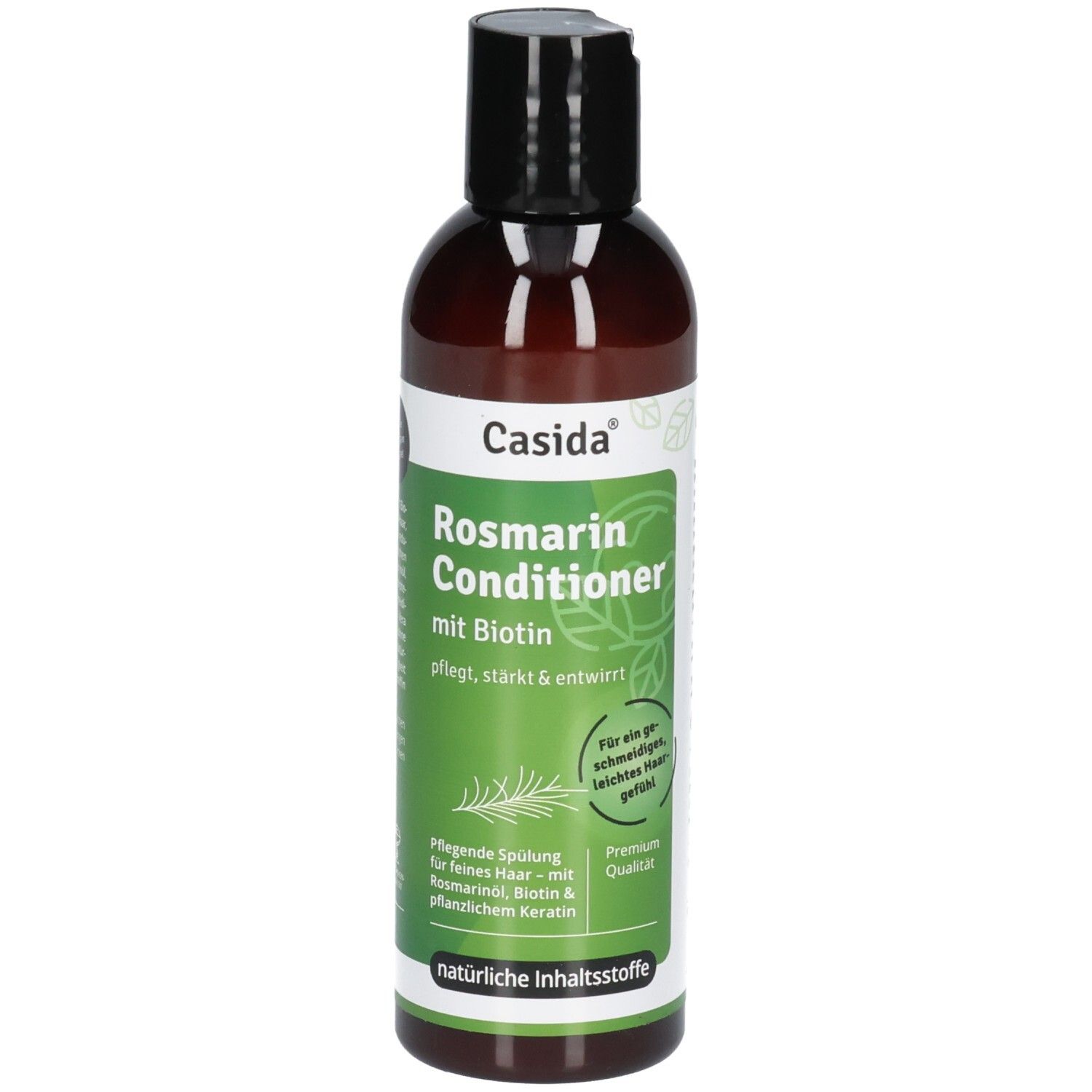 Casida Rosmarin Conditioner mit Biotin, Flasche mit Etikett und schwarzem Verschluss.