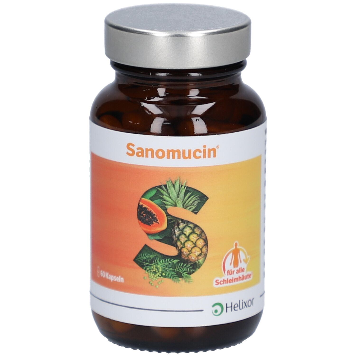 Braune Glasflasche mit Kapseln. Etikett mit Produktname Sanomucin, Früchten und Logo. Deckel silberfarben.