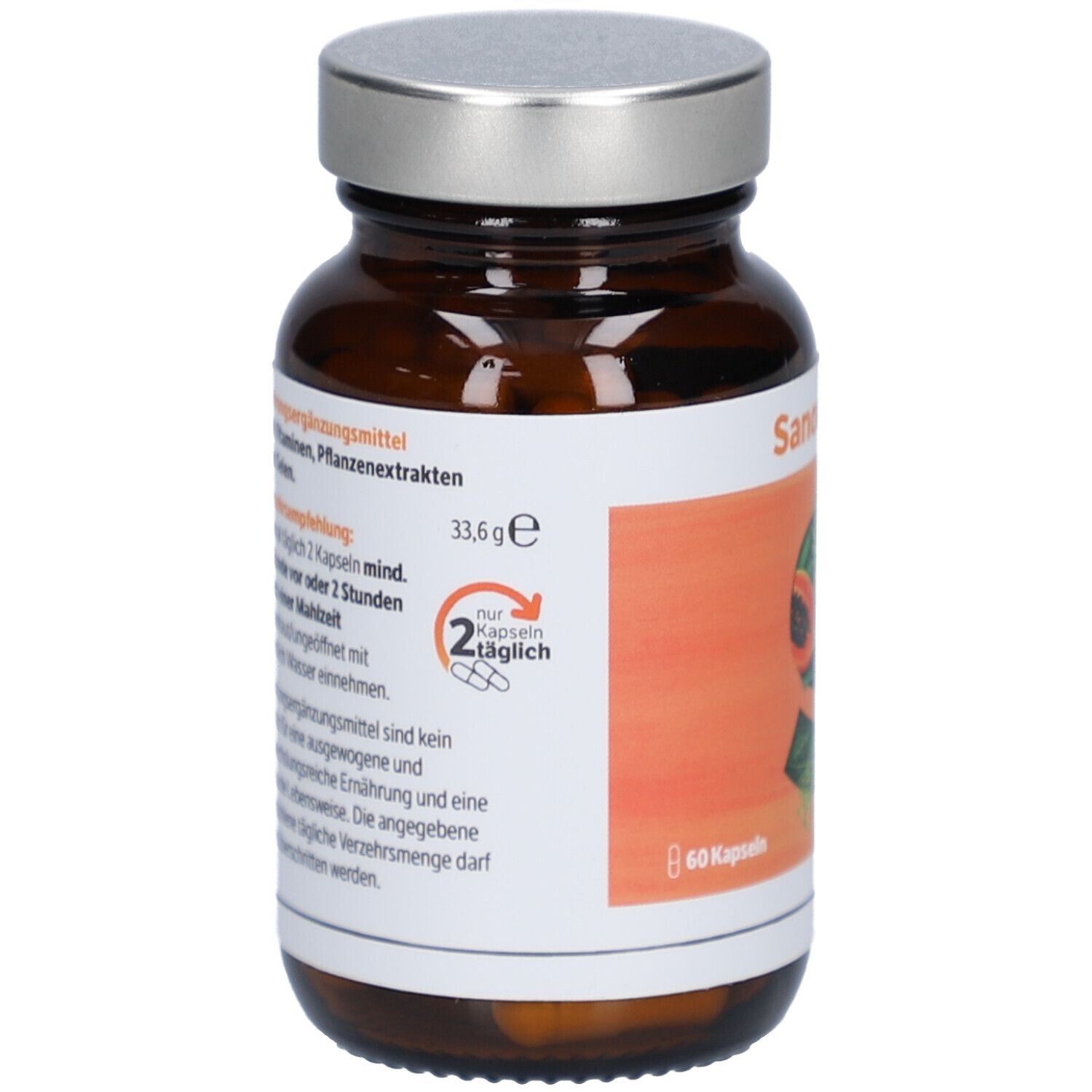 Braune Glasflasche mit Kapseln. Etikett mit Produktinformationen, Dosierung und Inhaltsstoffen. Silberner Deckel.