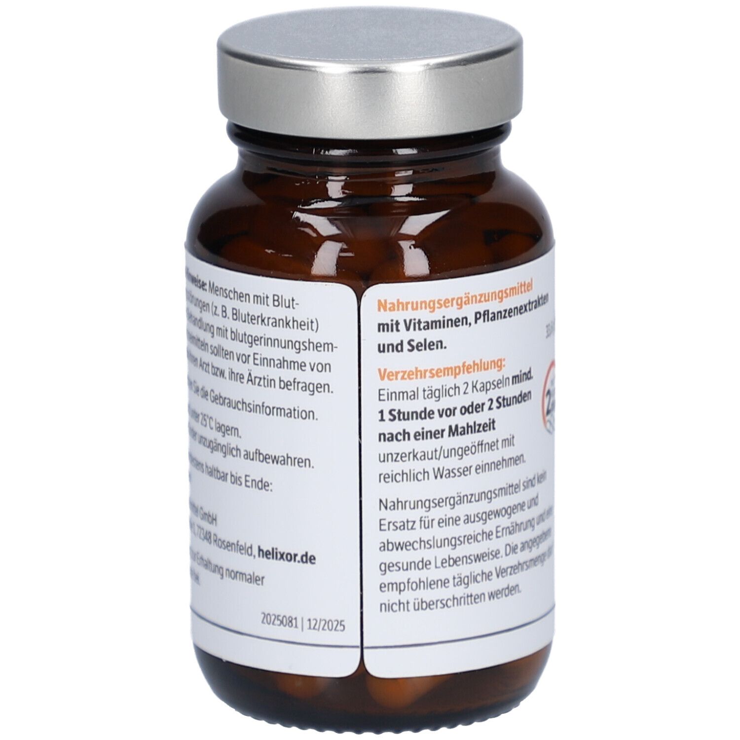 Braune Glasflasche mit Kapseln. Etikett mit Produktinformationen, Warnhinweisen und Haltbarkeit. Silberner Deckel.