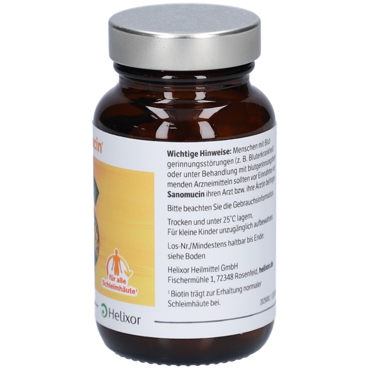 Braune Glasflasche mit Kapseln. Etikett mit Produktname Sanomucin, Logo und Warnhinweisen. Silberner Deckel.