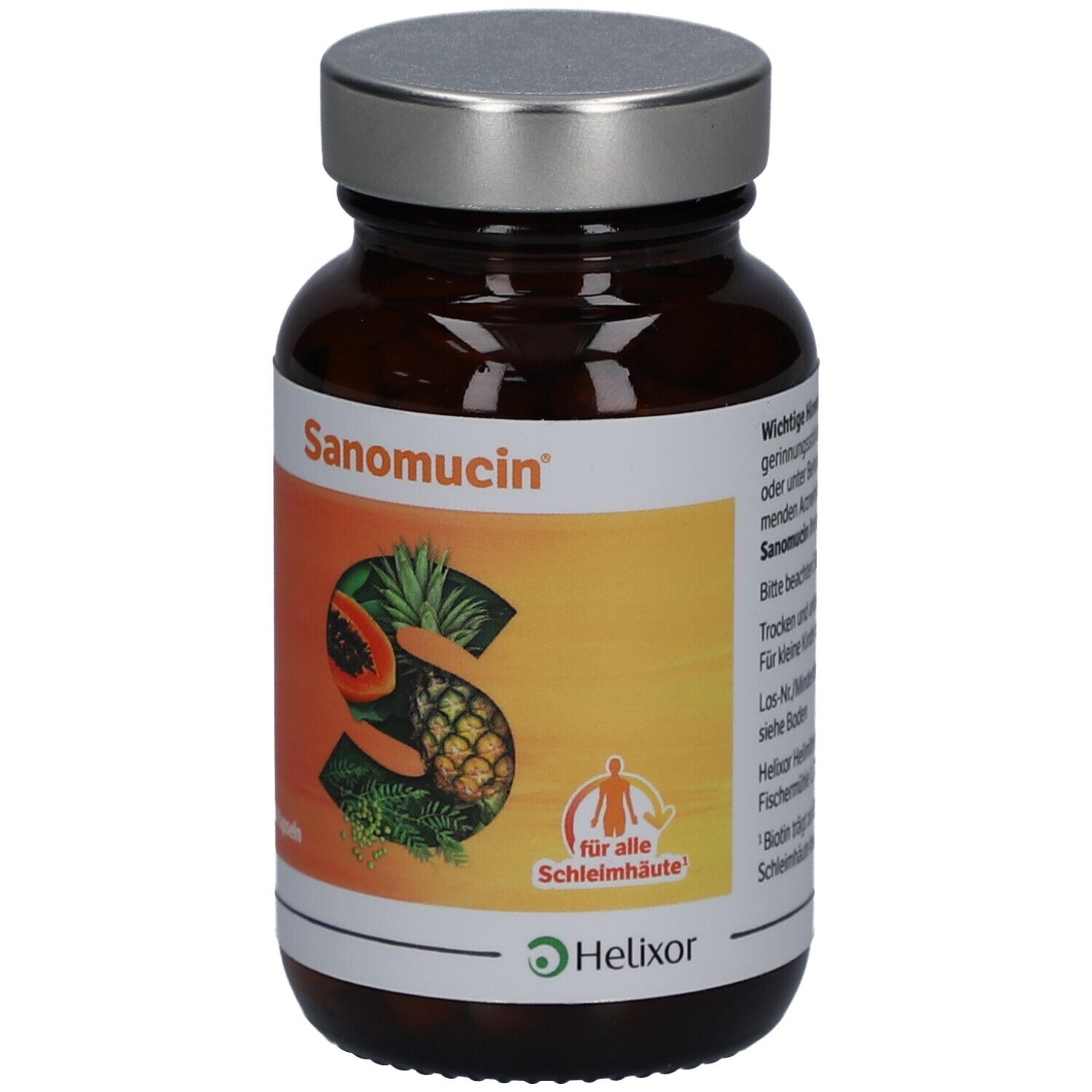 Braune Glasflasche mit Kapseln. Etikett mit Produktname Sanomucin, Früchten und Logo. Silberner Deckel.