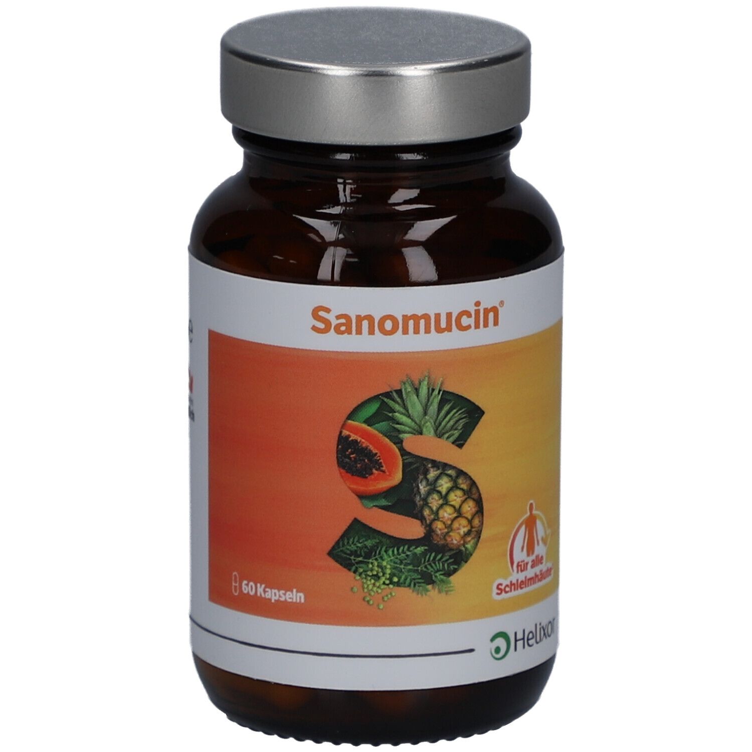 Braune Glasflasche mit Kapseln. Etikett mit Produktname Sanomucin, Früchten und Logo. Silberner Deckel.