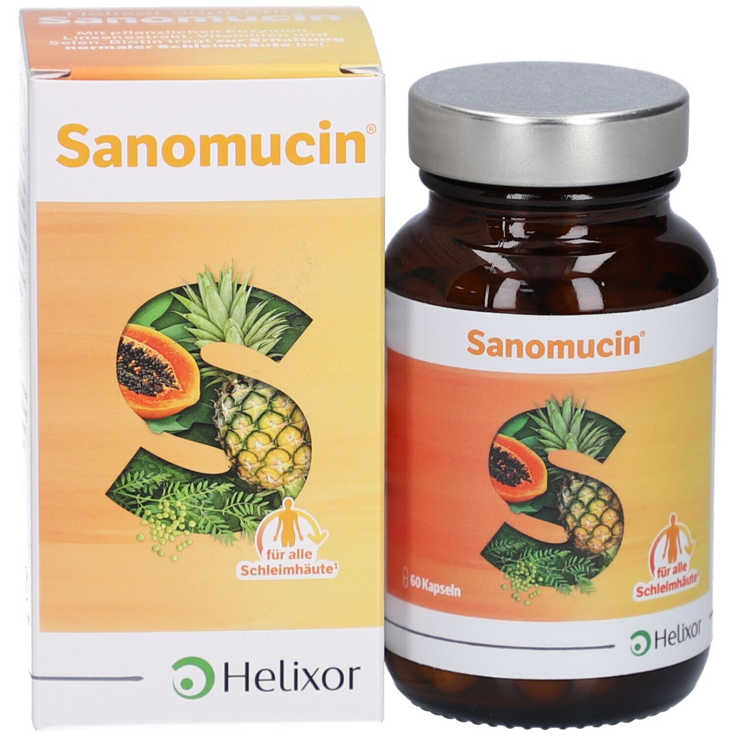 Produktverpackung mit Flasche und Karton. Flasche mit Kapseln, Etikett Sanomucin. Karton mit Logo und Produktname.