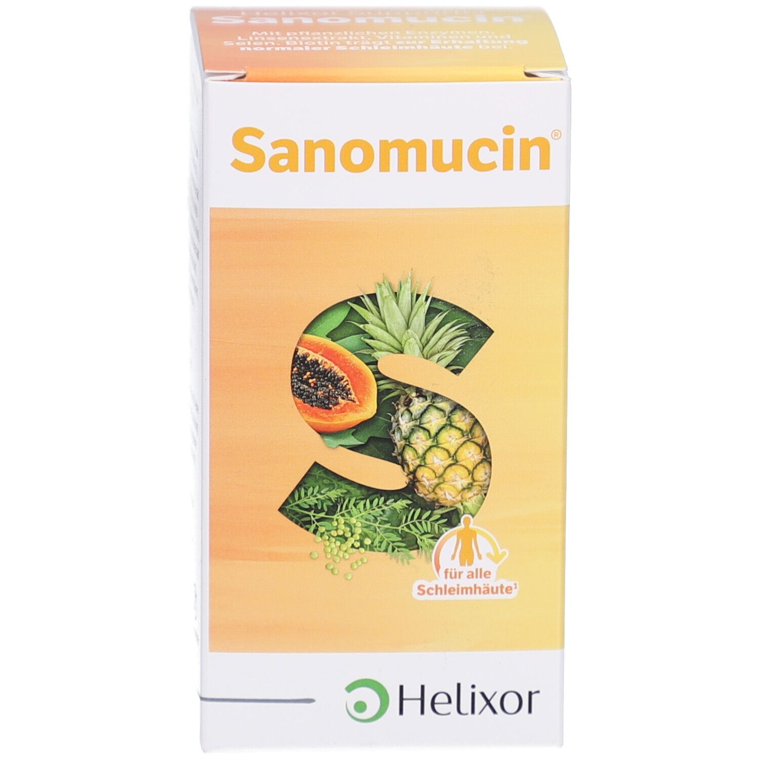 Produktkarton mit Produktname Sanomucin, Logo und Früchten. Weißer Hintergrund.