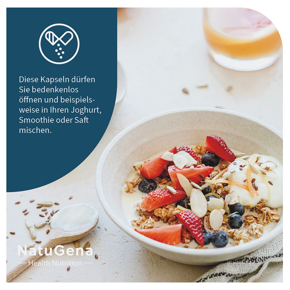 Schale Müsli mit Früchten und Samen, Kapsel kann geöffnet und beigemischt werden.
