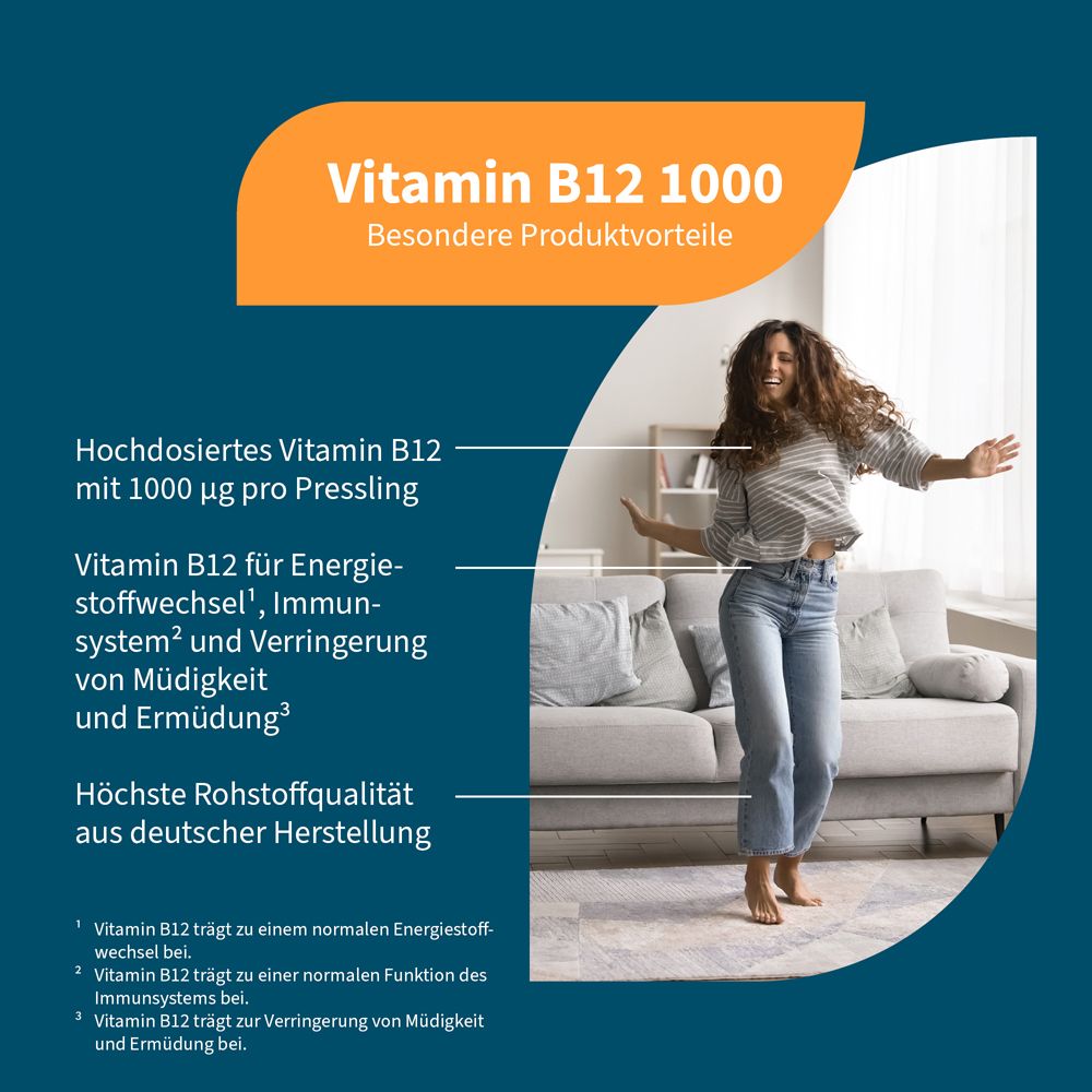 Infografik mit Frau, die tanzt. Text: Vitamin B12 1000, Vorteile, hochdosiert, vegan.