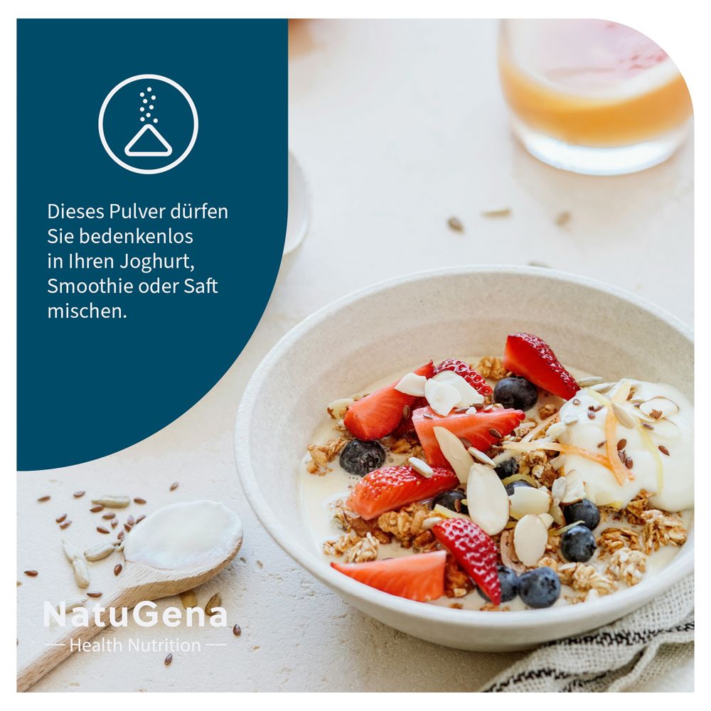 Schüssel mit Müsli, Früchten und Samen. Pulver kann beigemischt werden.
