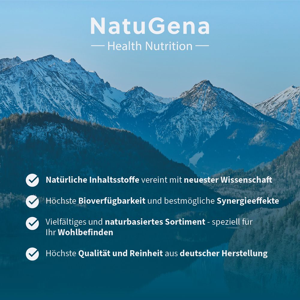 Berglandschaft mit Text über natürliche Inhaltsstoffe, Bioverfügbarkeit und Qualität.