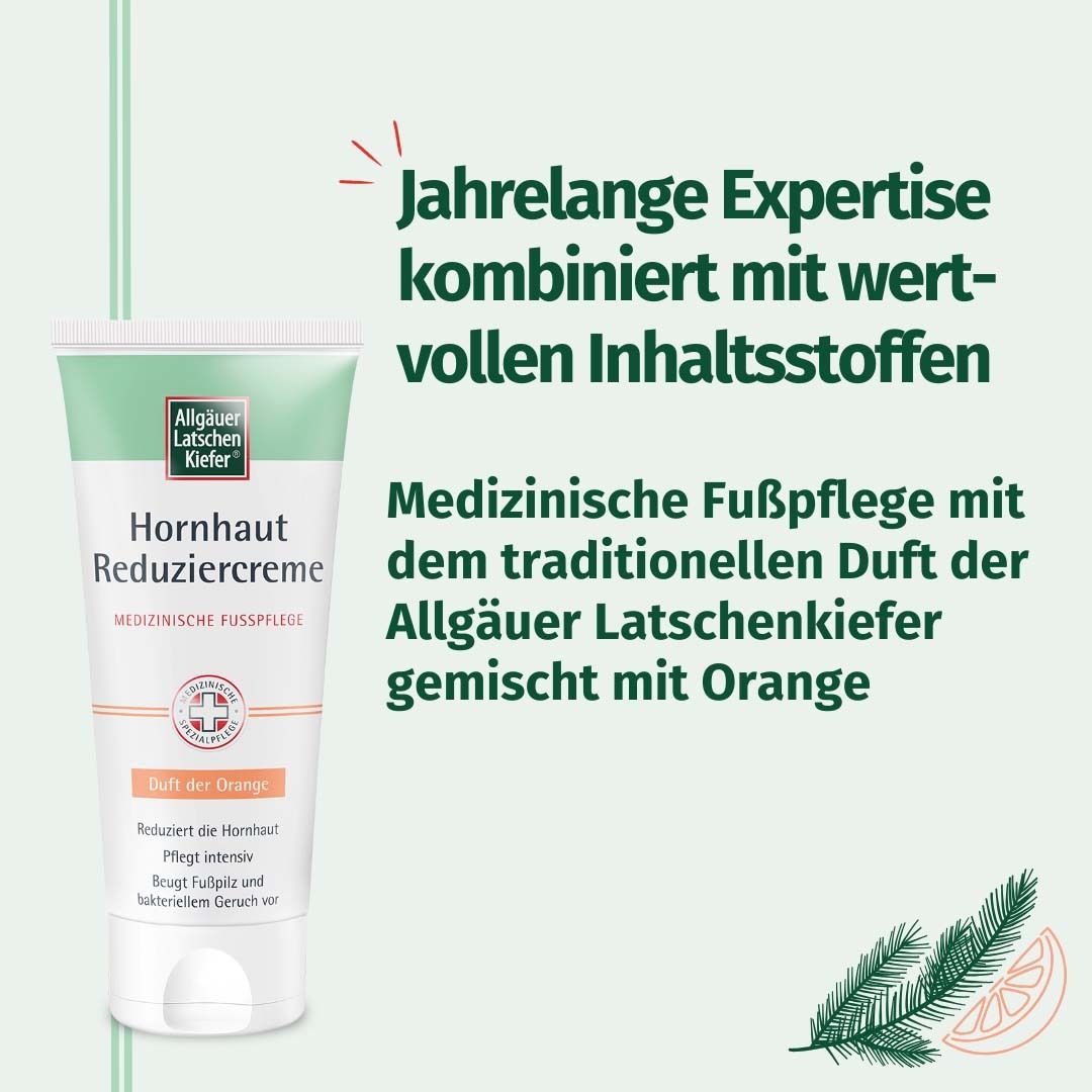 Allgäuer Latschenkiefer Hornhaut Reduziercreme Tube mit Zirbelkiefer und Orange.