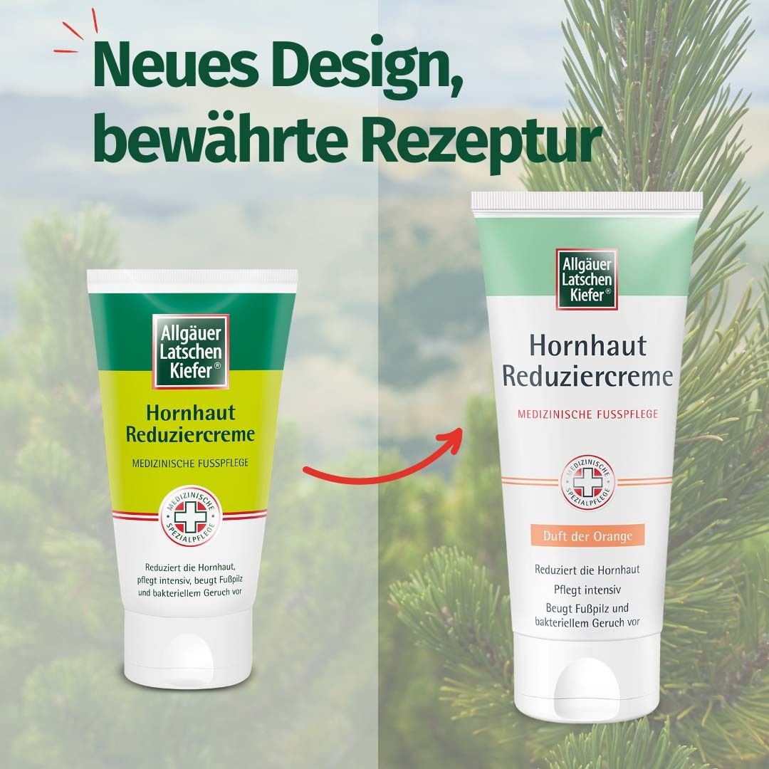 Vergleich: Alte und neue Tube Allgäuer Latschenkiefer Hornhaut Reduziercreme.
