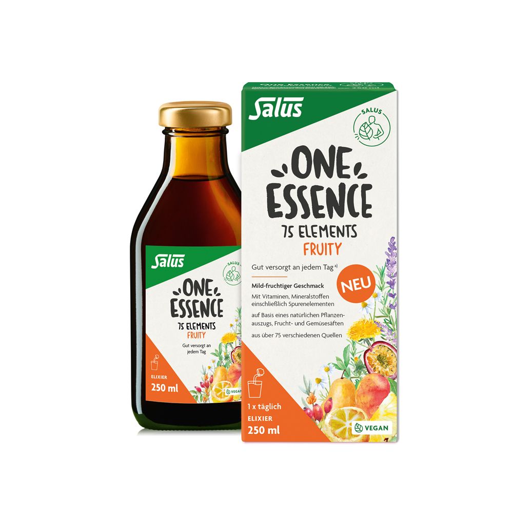 Salus One Essence 75 Elements Fruity Elixier Flasche und Karton.