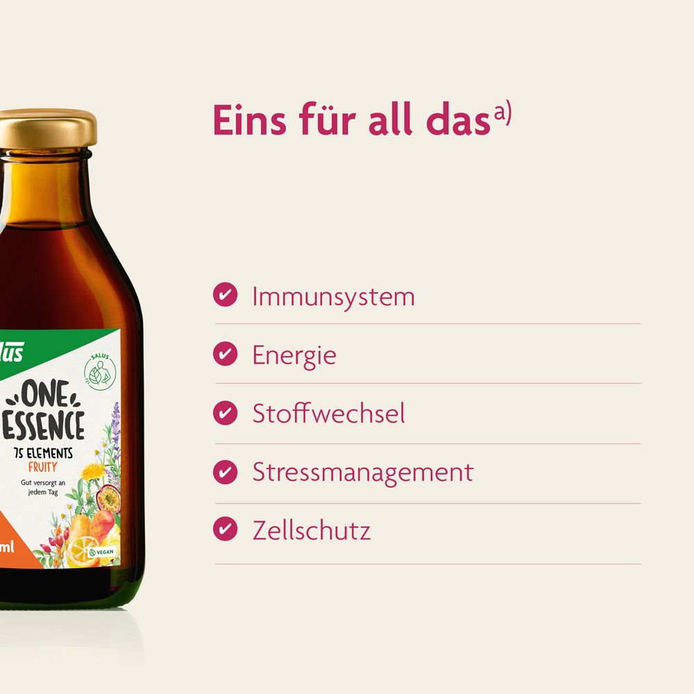 Salus One Essence Fruity Elixier Flasche mit Liste von Vorteilen: Immunsystem, Energie, Stoffwechsel, Zellschutz.
