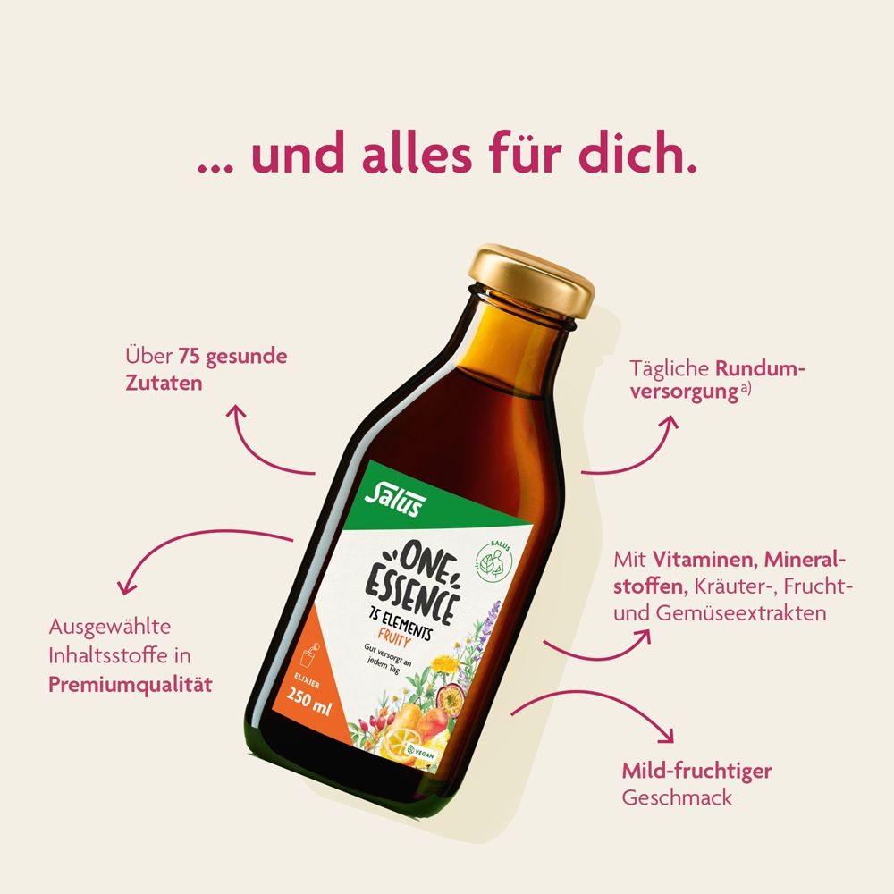 Salus One Essence Fruity Elixier Flasche mit Pfeilen, die auf Vorteile hinweisen: Über 75 gesunde Zutaten, tägliche Versorgung.