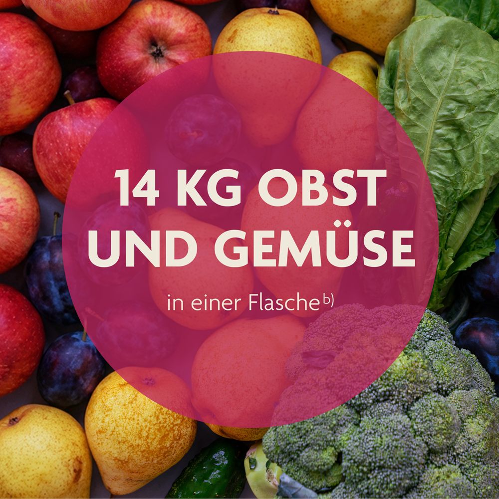 Collage aus Obst und Gemüse mit Text: 14 kg Obst und Gemüse in einer Flasche.