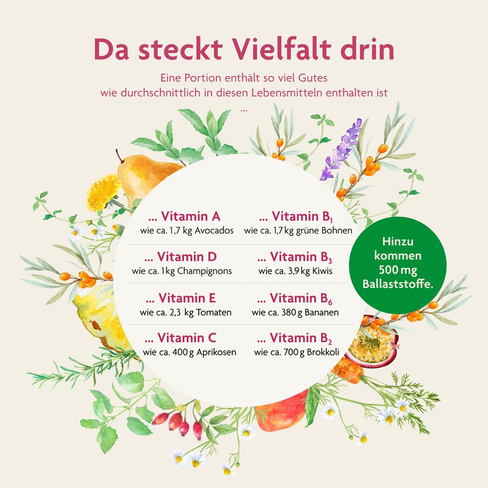 Grafik mit Vitaminen und Ballaststoffen in Salus One Essence Fruity Elixier.