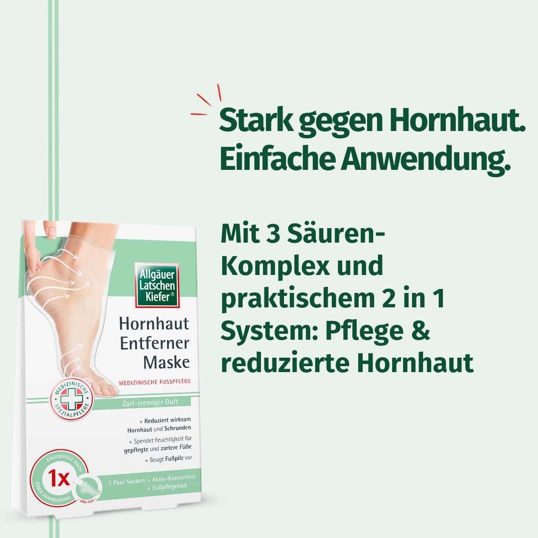 Produktverpackung mit Text. Text: Stark gegen Hornhaut. Einfache Anwendung. Mit 3 Säuren-Komplex.