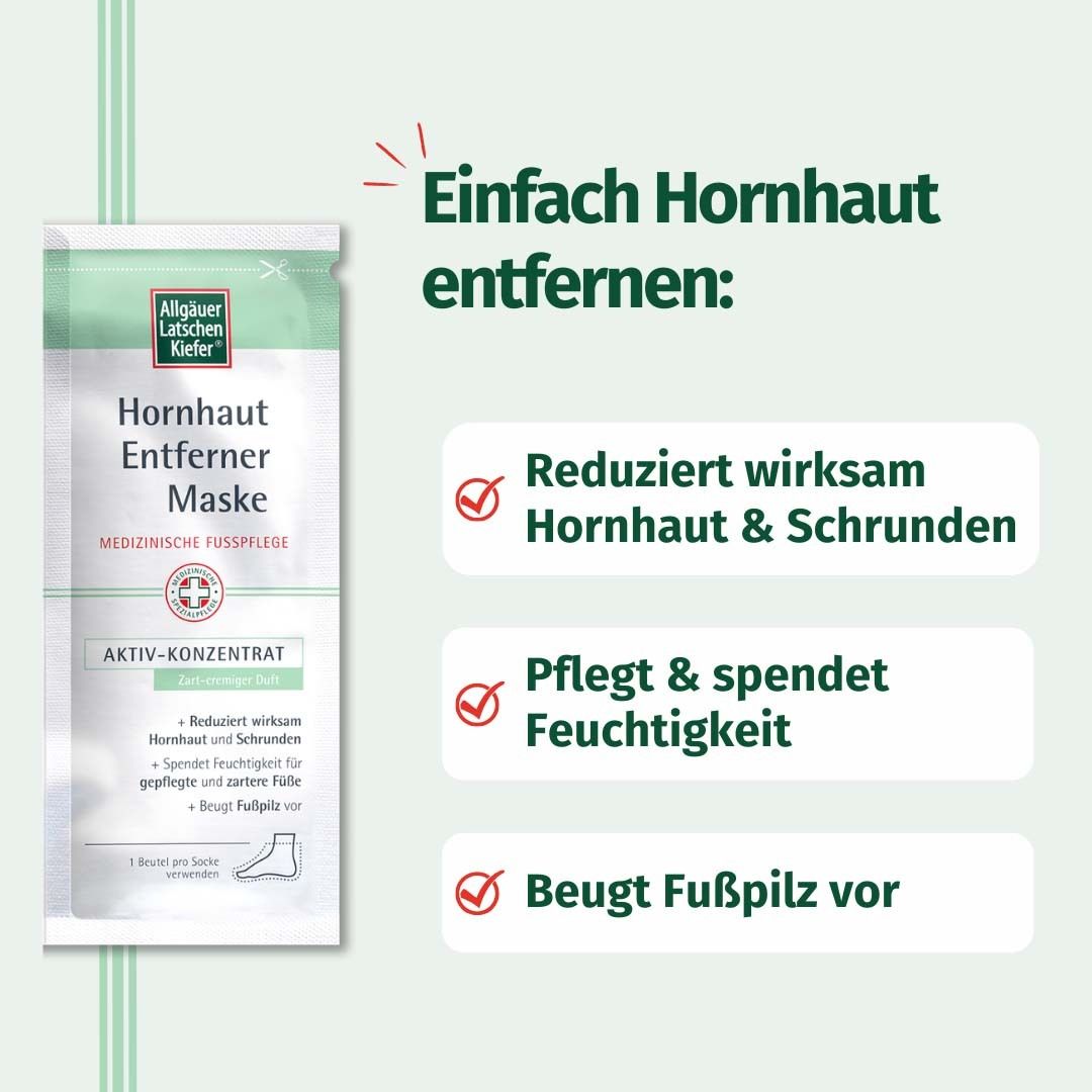 Produktverpackung mit Text. Text: Einfach Hornhaut entfernen: Reduziert Hornhaut, pflegt, beugt Fußpilz vor.