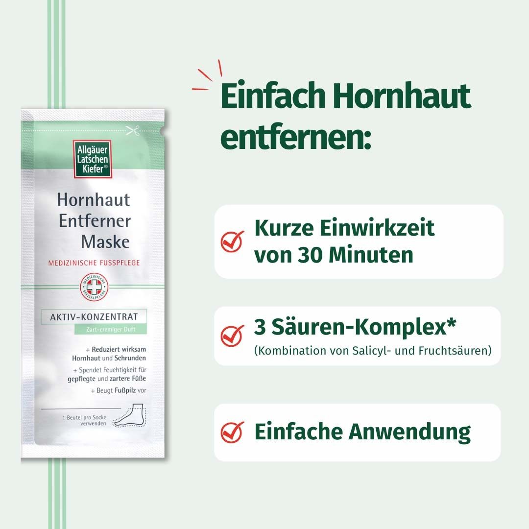 Produktverpackung mit Text. Text: Einfach Hornhaut entfernen: 30 Minuten Einwirkzeit, 3 Säuren-Komplex, einfache Anwendung.