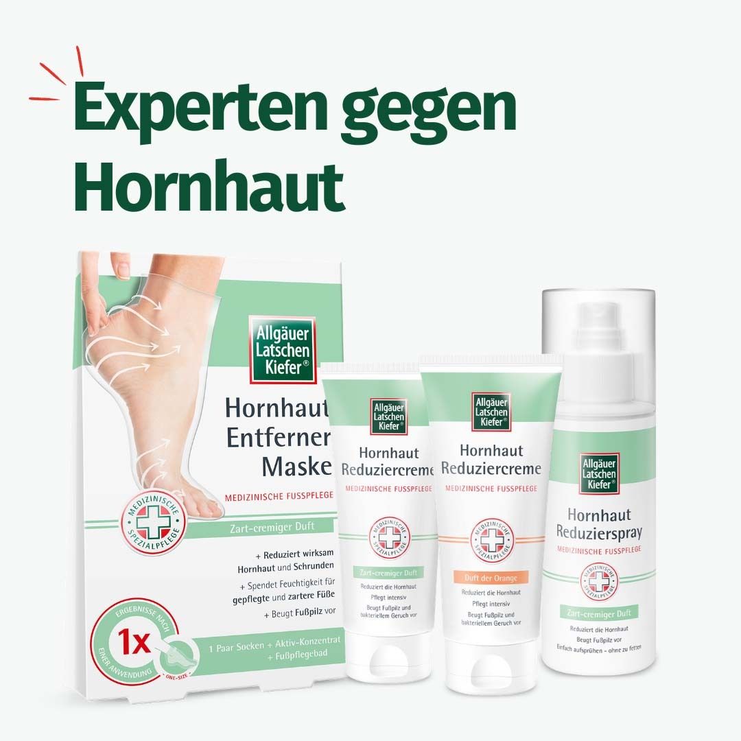 Produktverpackung und weitere Produkte. Text: Experten gegen Hornhaut. Verschiedene Produkte.