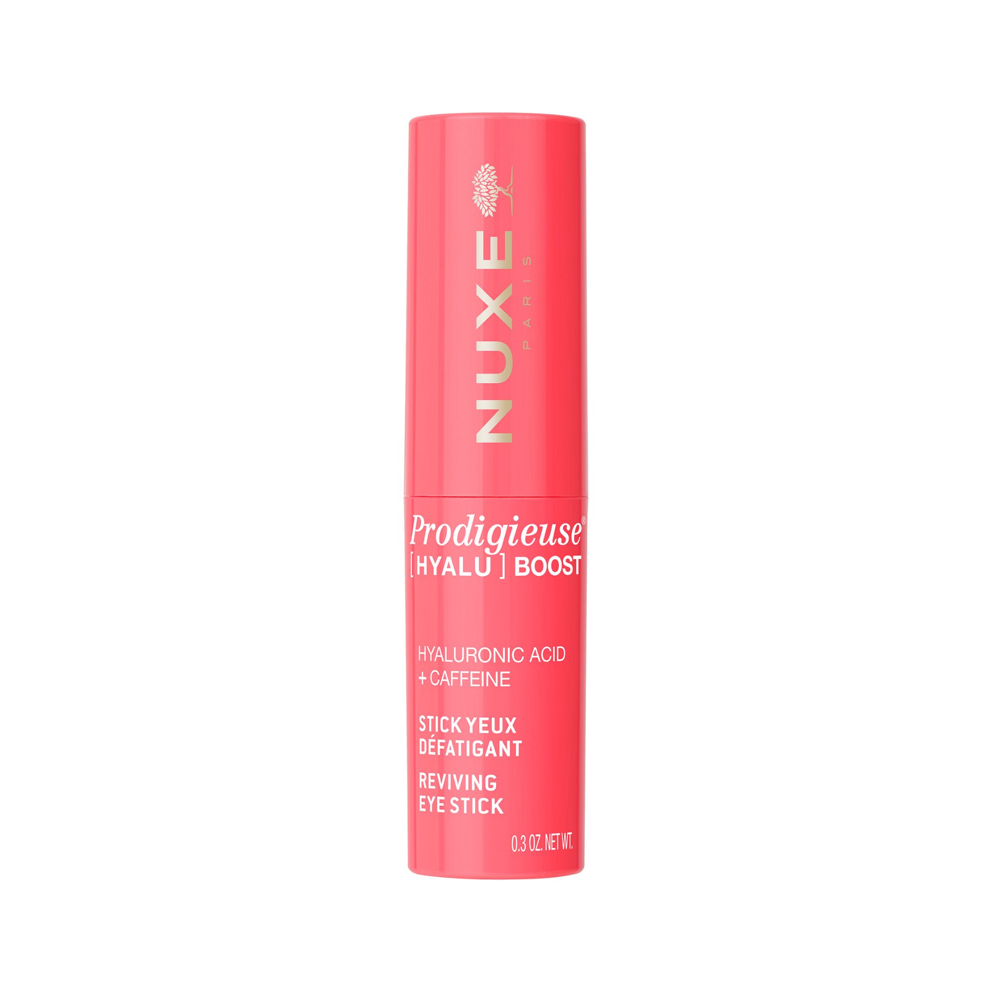 Zylindrischer, pinkfarbener Stick mit goldfarbener Schrift. Enthält Produktnamen und Inhaltsstoffe.
