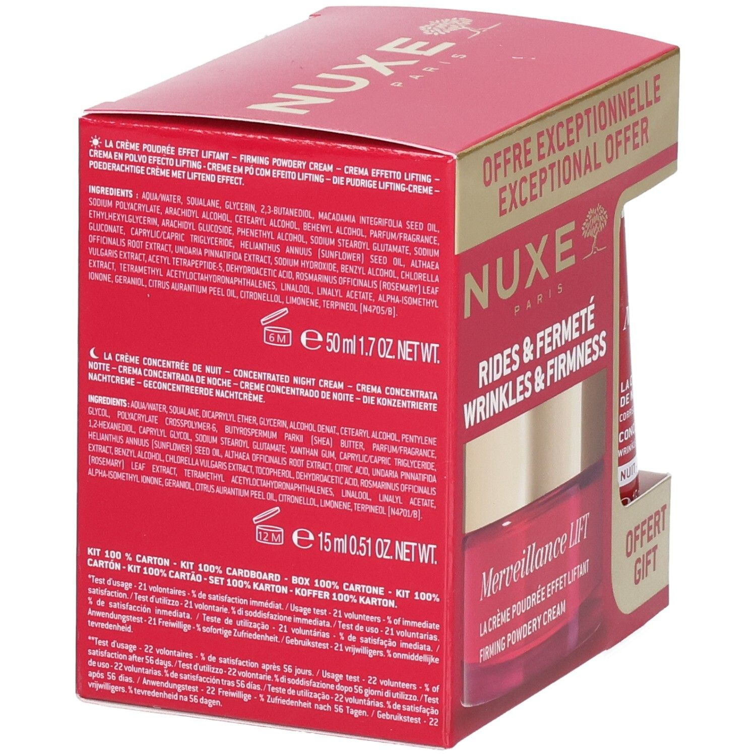 Rückseite der roten Geschenkbox. Enthält Inhaltsstoffe und Produktinformationen. Aufschrift: NUXE, Merveillance Lift, Rides & Fermeté.
