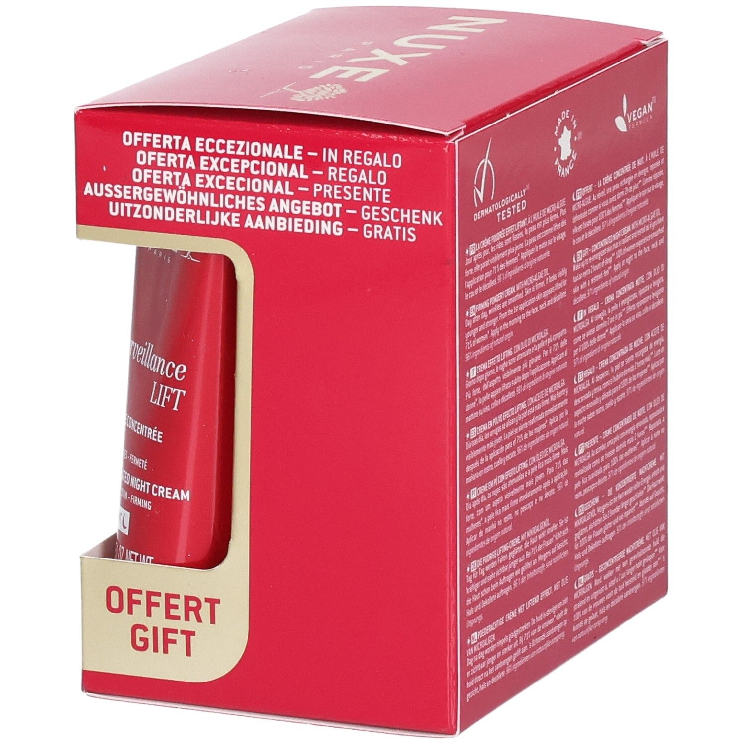 Rote Geschenkbox mit NUXE-Produkt. Enthält Tube. Aufschrift: Merveillance Lift, Offert Gift, Exceptional Offer.