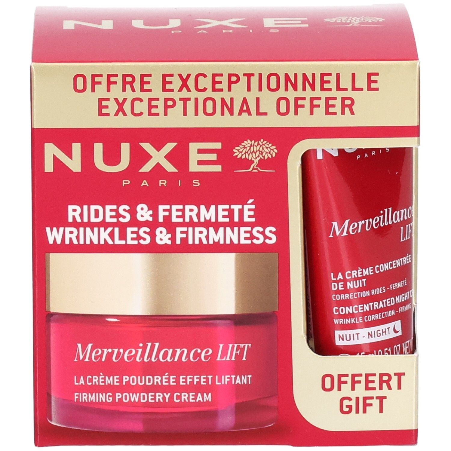 Rote Geschenkbox mit NUXE-Produkten. Enthält Tiegel und Tube. Aufschrift: Merveillance Lift, Rides & Fermeté, Exceptional Offer.