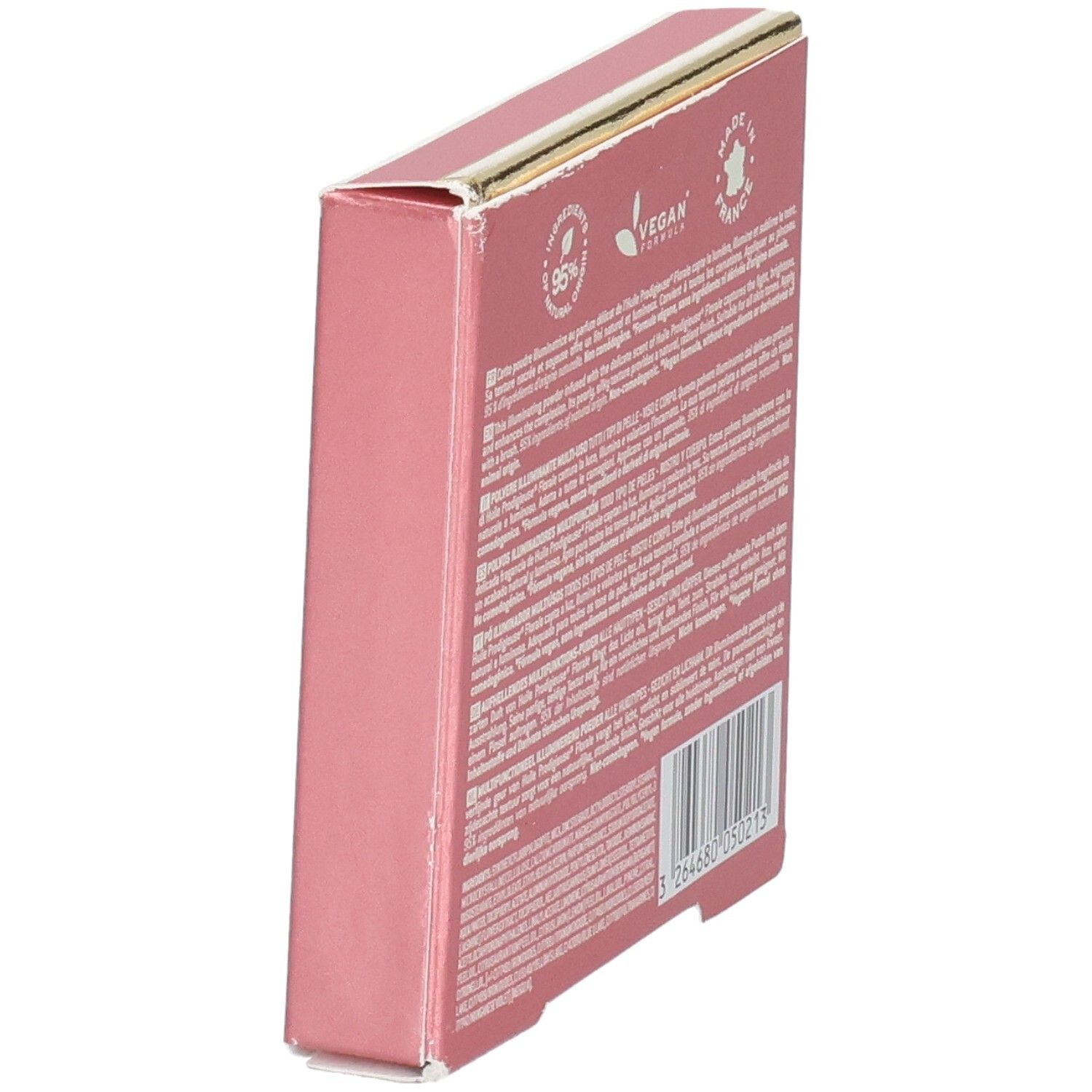 Seitenansicht der Nuxe Prodigieux Floral Verpackung. Rosa Karton mit Produktinformationen.