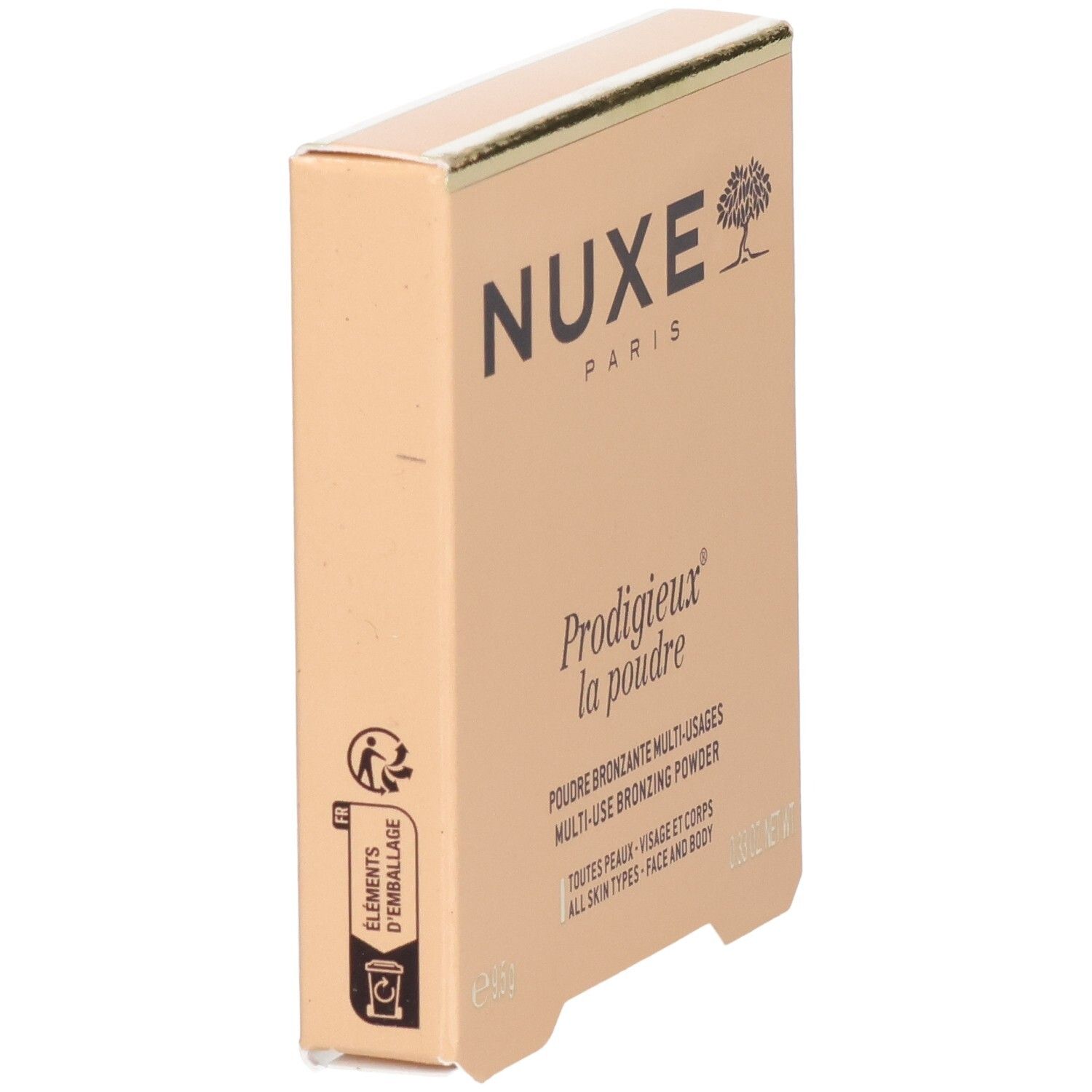 Nuxe Prodigieux Multi-Use Bronzing Powder Verpackung, Seitenansicht mit Recycling-Symbolen.