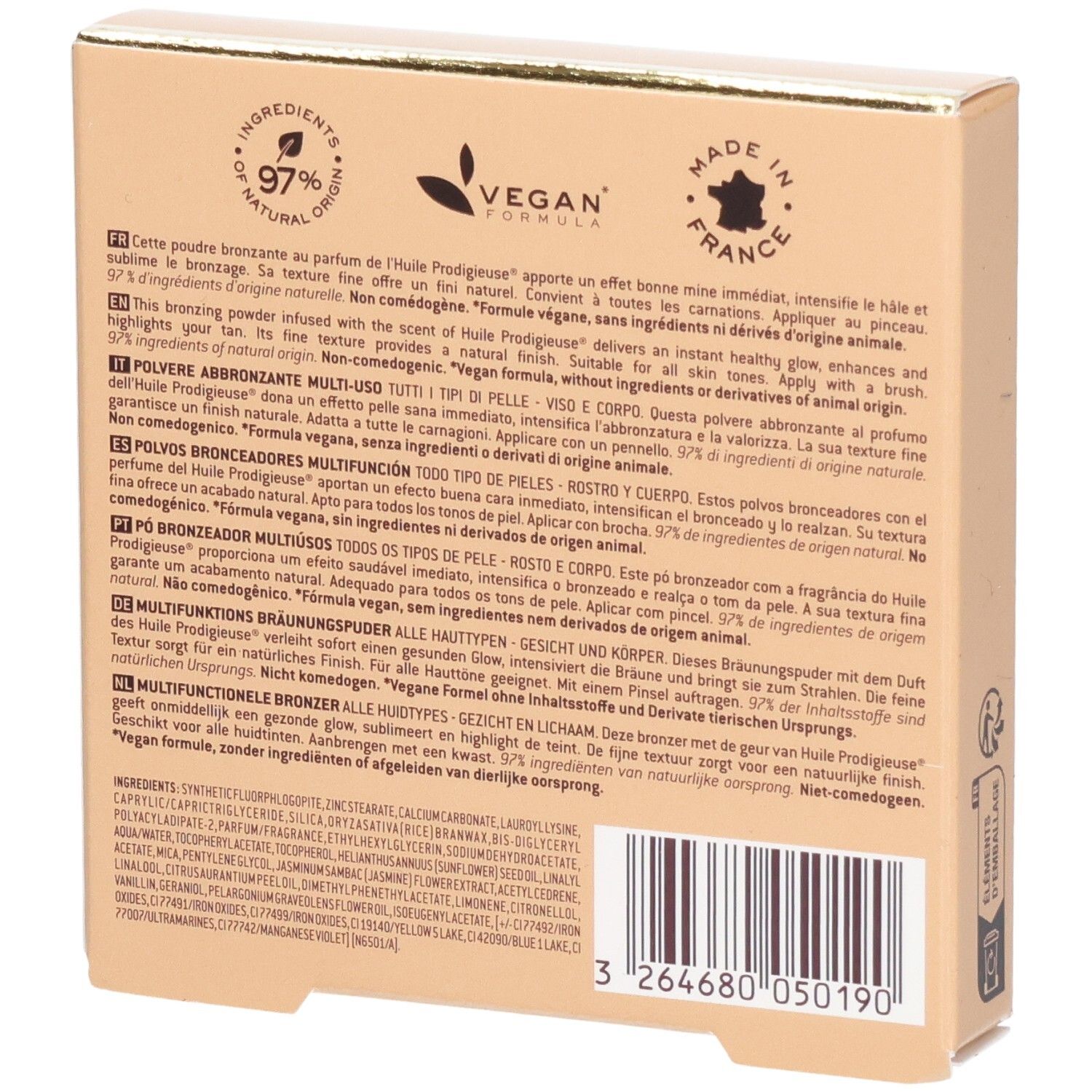 Rückseite der Nuxe Prodigieux Bronzing Powder Verpackung. Enthält 97% natürliche Inhaltsstoffe, Vegan.