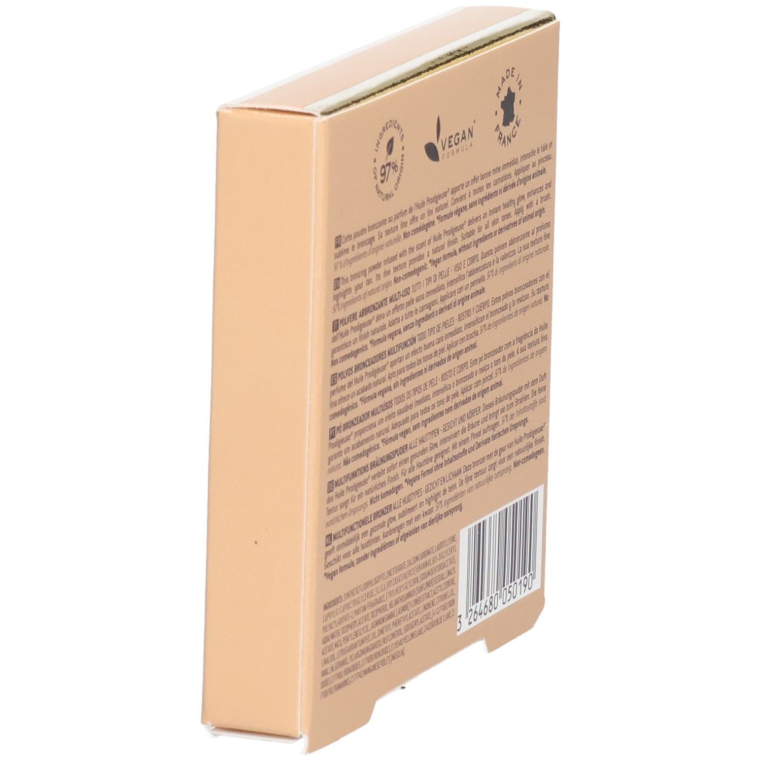 Nuxe Prodigieux Bronzing Powder Verpackung, Seitenansicht mit Produktinformationen.