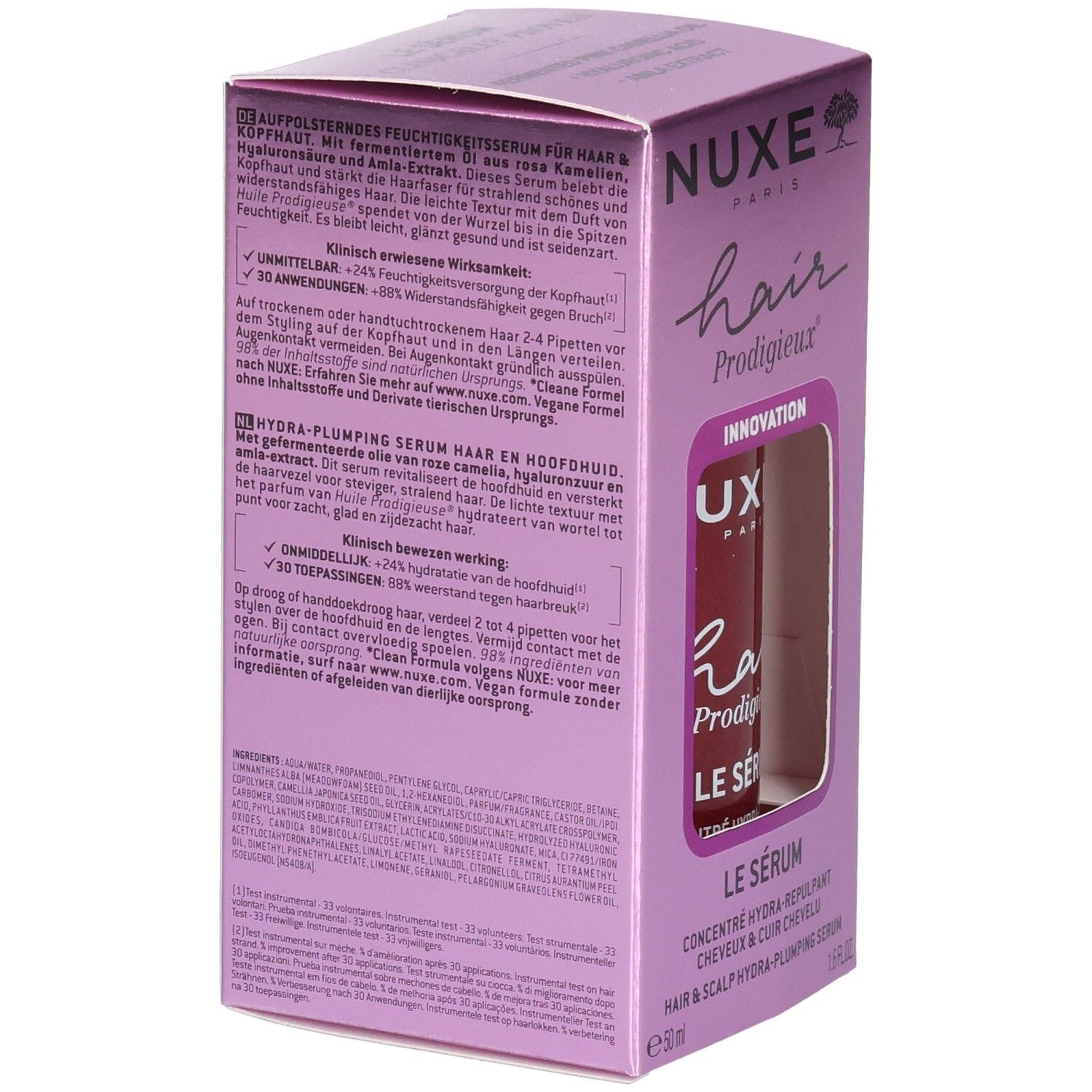 Rückseite der Produktverpackung. Text in mehreren Sprachen. Lila Farbgebung. Produktname und Marke sichtbar.