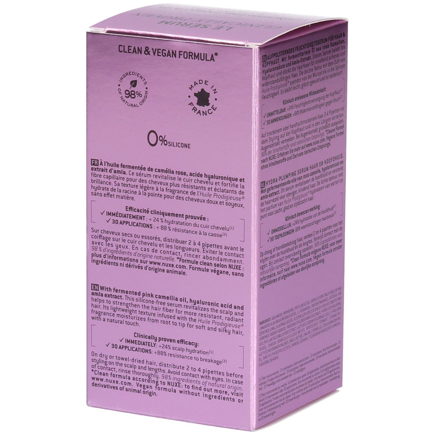 Produktverpackung. Text mit Inhaltsstoffen und Zertifizierungen. Lila Farbgebung. 98% natürlich, 0% Silikon.