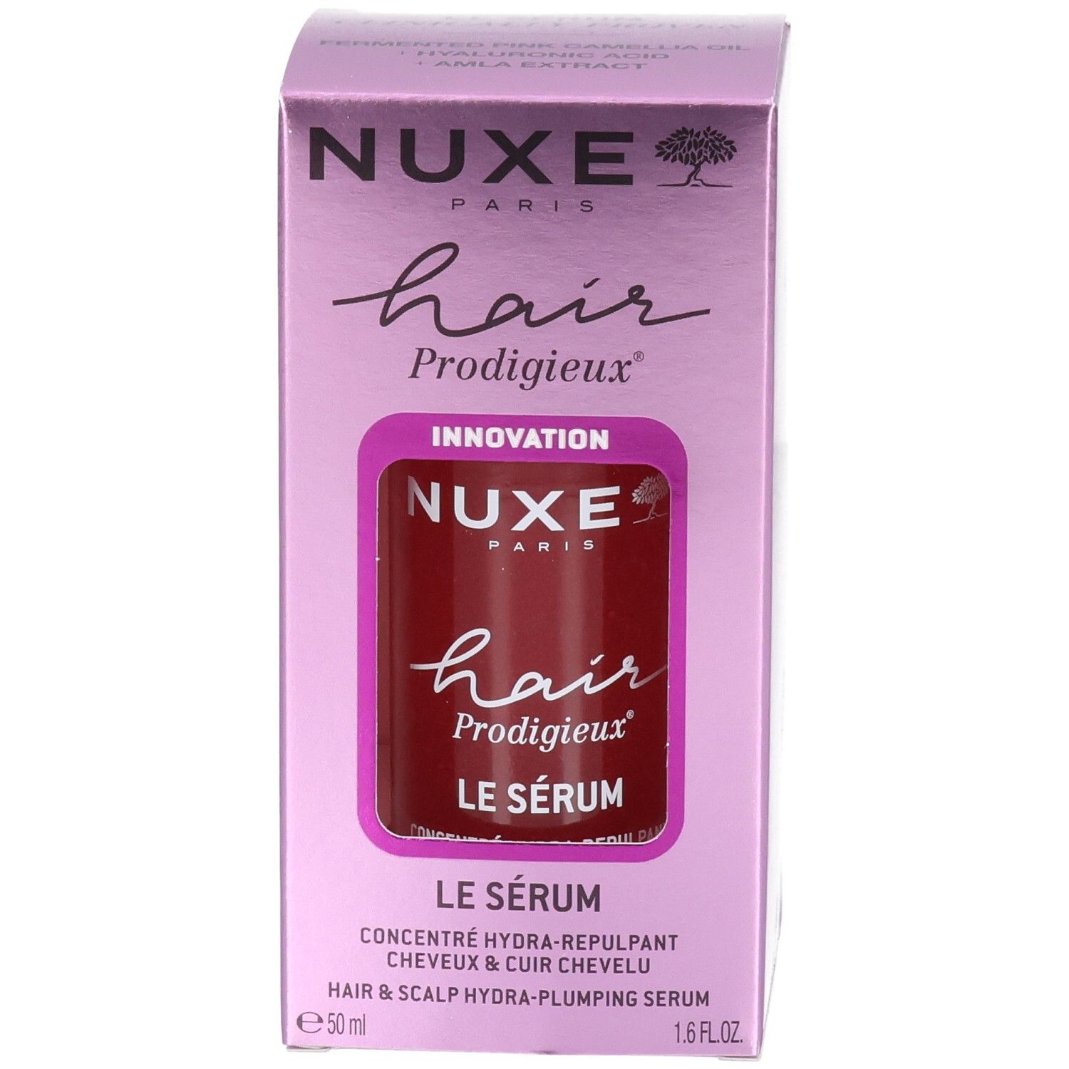 Produktverpackung mit Flasche. Sichtbar: Produktname, Schriftzug. Lila Farbgebung. 1.6 fl.oz. Flasche sichtbar.