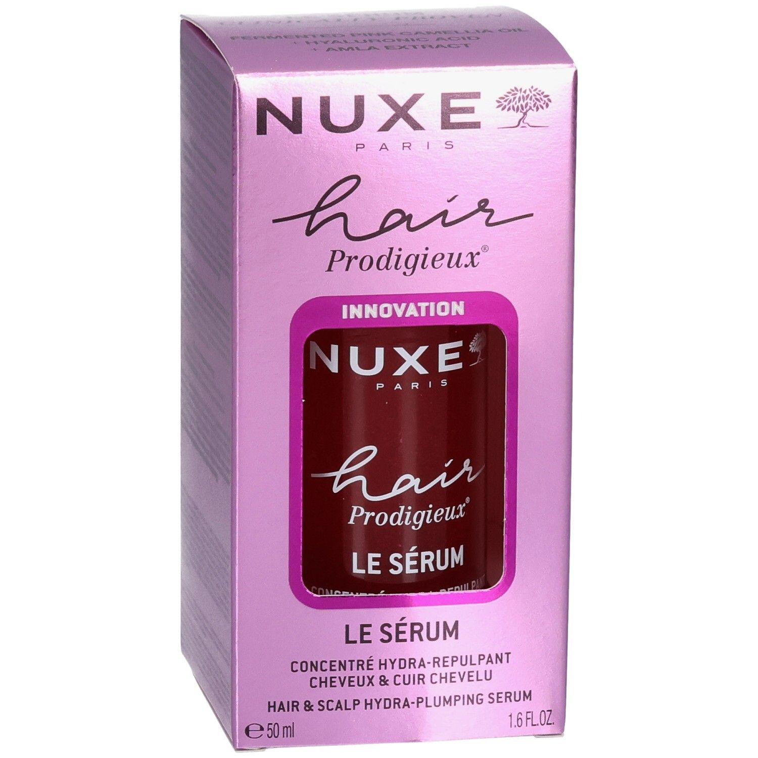 Produktverpackung mit Flasche. Sichtbar: Produktname, Schriftzug. Lila Farbgebung. 1.6 fl.oz. Flasche sichtbar.