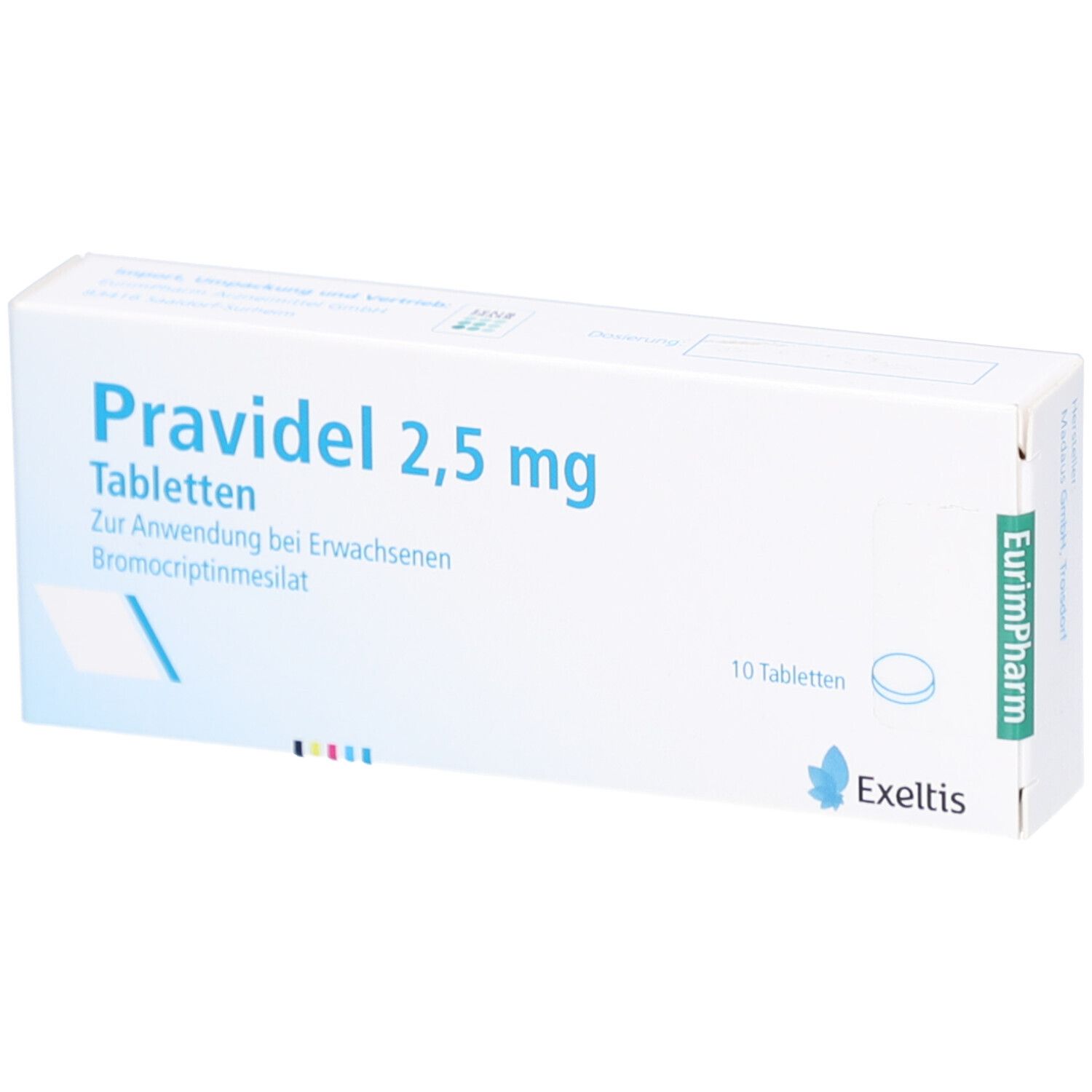 Pravidel 2,5 mg Tabletten-Packung. Enthält 10 Tabletten. Aufschrift: Zur Anwendung bei Erwachsenen. Hersteller: Exeltis.