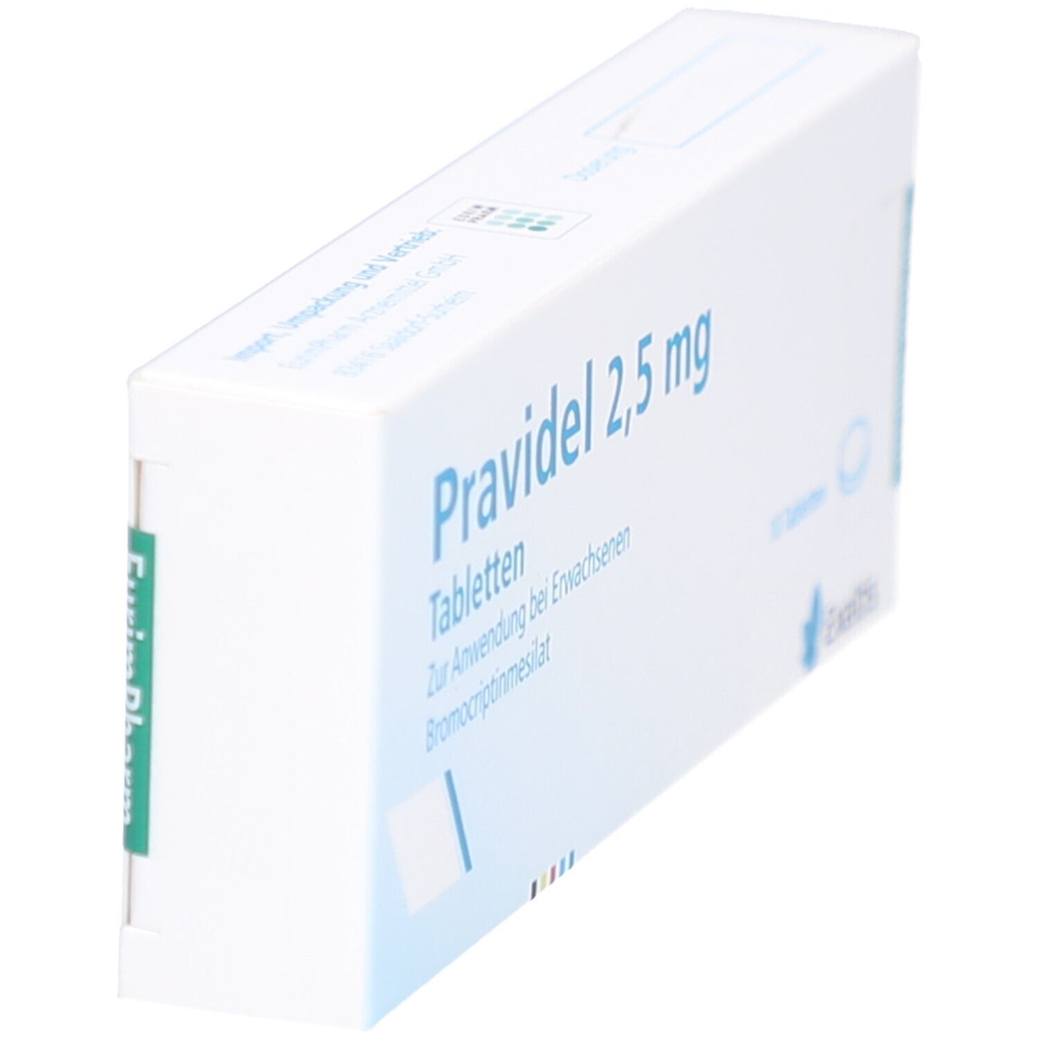 Pravidel 2,5 mg Tabletten-Packung, schräg. Aufschrift: Pravidel 2,5 mg Tabletten. Hersteller: Exeltis. Mit EurimPharm-Logo.