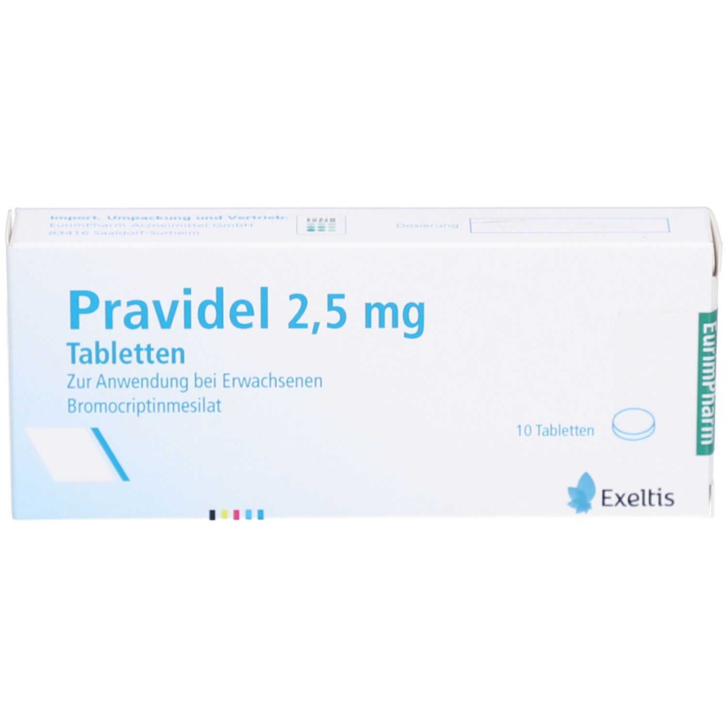 Pravidel 2,5 mg Tabletten-Packung. Enthält 10 Tabletten. Aufschrift: Zur Anwendung bei Erwachsenen. Hersteller: Exeltis.