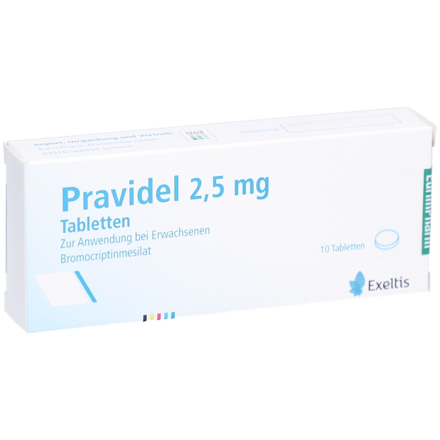 Pravidel 2,5 mg Tabletten-Packung. Enthält 10 Tabletten. Aufschrift: Zur Anwendung bei Erwachsenen. Hersteller: Exeltis.