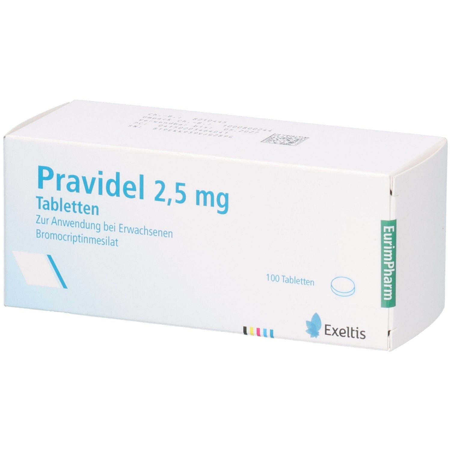 Schachtel mit PRAVIDEL 2,5 mg Tabletten. Aufschrift: 100 Tabletten. Hersteller EurimPharm. Exeltis Logo.